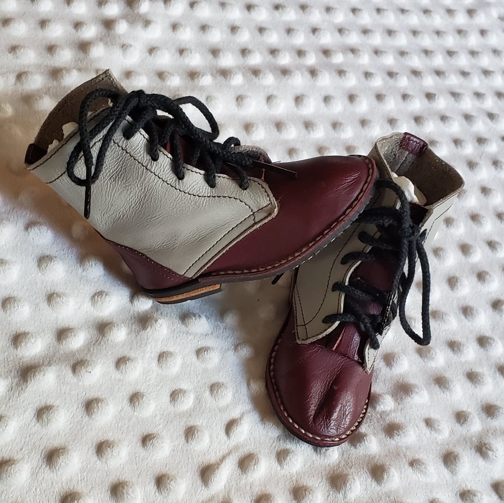 Handmade Vintage Two Tone Infant Boots. Size 3. Burgundy and Gray lace up
